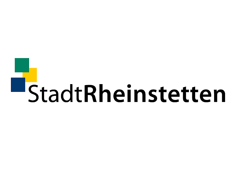 Logo der Stadt Rheinstetten mit Schriftzug und drei Quadraten in grün, gelb und blau